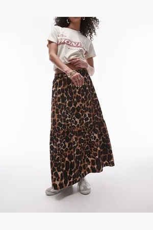 Topshop Lagdelt midinederdel med leopardprint i bomuld-Multifarvet