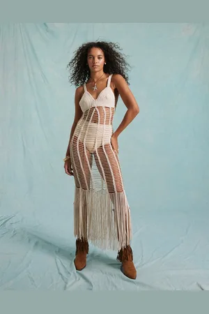Miss Selfridge Premium - Hæklet strand-midikjole i cremehvid