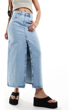 Dr Denim Lyseblå maxinederdel i denim med retro-look og frontslids