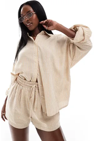 Aria Cove Oversized strandskjorte i beige med striber - Del af sæt-Neutral