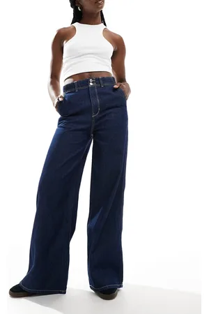 Pimkie Posede jeans med vide ben og kontrasterende syninger i skyllet blå