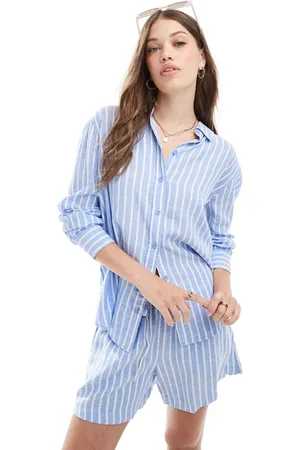VERO MODA Oversized skjorte med striber i blå hør - Del af sæt