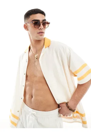ASOS Oversized skjorte med korte ærmer, reverskrave og ecrufarvede/gule paneler i hørblanding-Hvid