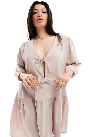 Esmée Lagdelt strand-minikjole med lange ærmer og bindebånd foran i beige hørblanding - Kun hos ASOS-Hvid