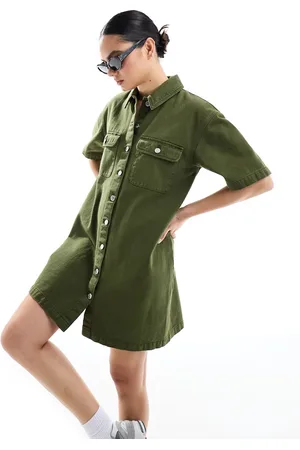 Miss Selfridge Kakigrøn, kortærmet og oversized skjortekjole i denim