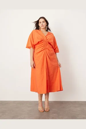 ASOS Curve - tekstureret midikjole med vide ærmer og rynket talje-Neutral