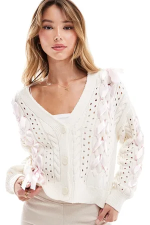 Miss Selfridge Strikket cremehvid cardigan med satinsløjfer-Neutral