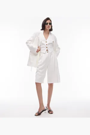 Topshop Premium - Lange, skræddersyede shorts i ecrufarve i løstsiddende pasform-Hvid