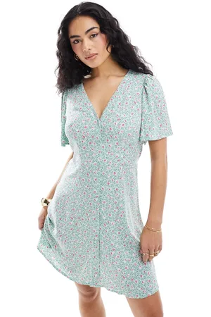 VERO MODA Mintgrøn blomstret skater-minikjole med knapper