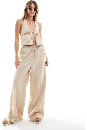 Miss Selfridge Beige og afslappede bukser med vidde og nålestriber i poplin - Del af sæt-Lyserød