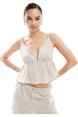 Pimkie Peplum-top i hørlook med stropper og v-hals - Del af sæt-Neutral