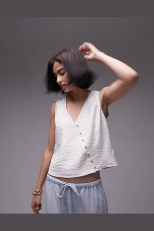Topshop Hvid top med asymmetriske knapper-Brun