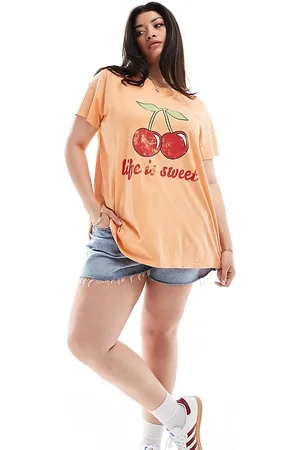 Yours Koralfarvel T-shirt med kirsebærprint-Orange