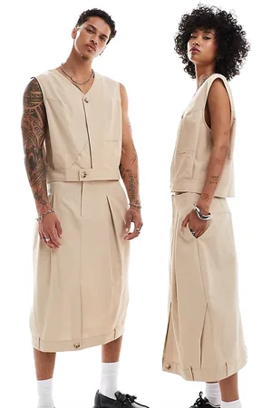 Reclaimed Unisex - Beige midinederdel i hørlook