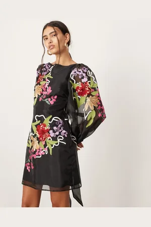 ASOS Langærmet minikjole i organza med broderi og bindebånd på ryggen