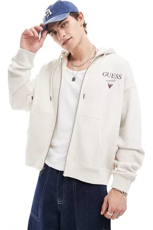 Guess Grå-nistret unisex-hættetrøje med stablet logo og lynlås