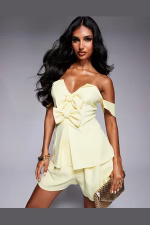 ASOS Skræddersyet lysegul offshoulder-top med sløjfedetalje i hørlook - Del af sæt