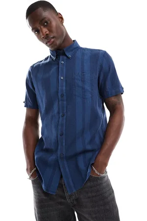 Ben Sherman Mørkeblå kortærmet skjorte med blandede striber i hør