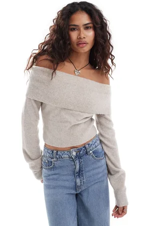 Weekday Lolo - Striktrøje med offshoulder i beige melering-Neutral