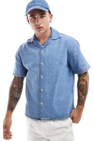 JACK & JONES Mellemblå forvasket og kortærmet skjorte med revers i denim
