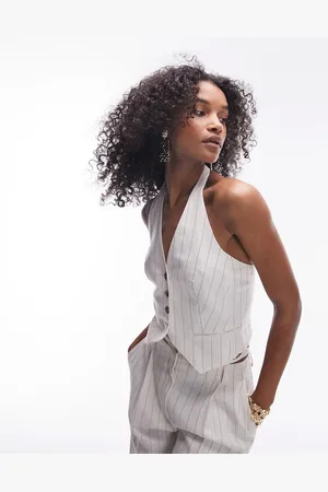 Topshop Cremefarvet vest med striber og halterneck i hør - Del af sæt-Hvid