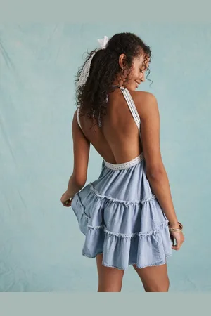 Miss Selfridge Blå og lagdelt minikjole i syrevasket denim med blondeindsats