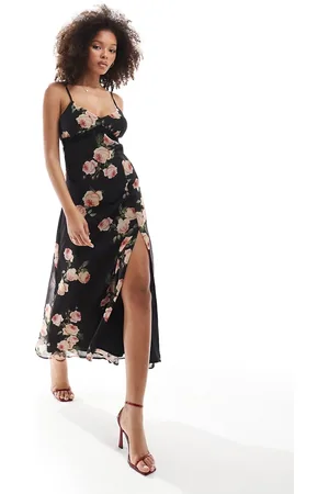 Miss Selfridge Maxi-slip-kjole i chiffon med blondekant og stort rosenprint-Multifarvet
