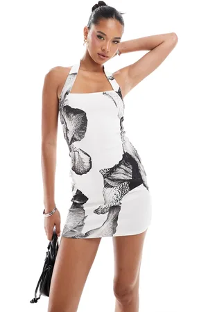 ASOS Bodycon-minikjole med halterneck-strop og sort/hvidt blomstermønster i scuba-stof-Multifarvet