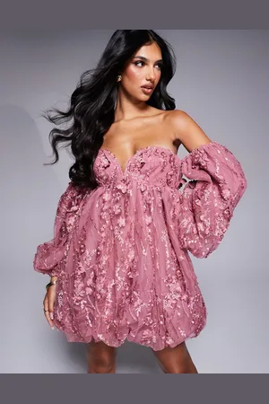 ASOS Embellished lace bandeau bubble mini dress in rose-Multifarvet
