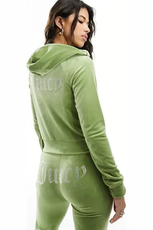 Juicy Couture Grøn trænings-hættetrøje med lynlås og rhinsten i velour - Del af sæt