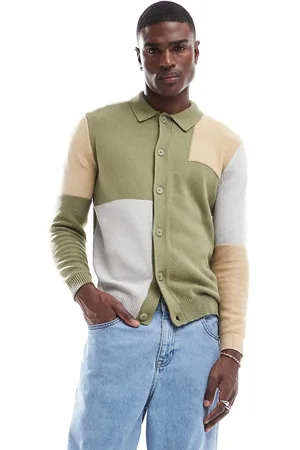 ASOS Strikket cardigan med knapper og krave i kakigrønne farveblokke