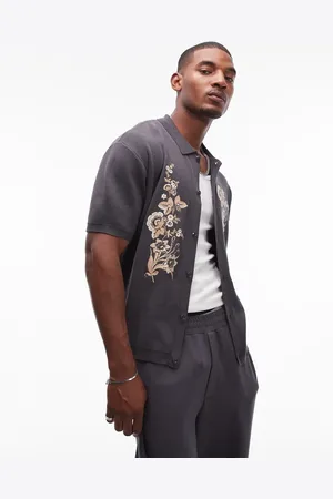 Topman Strikket og afslappet skjorte med blomsterbroderi i