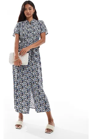 VERO MODA Midikjole med knapper og marineblåt blomstermønster