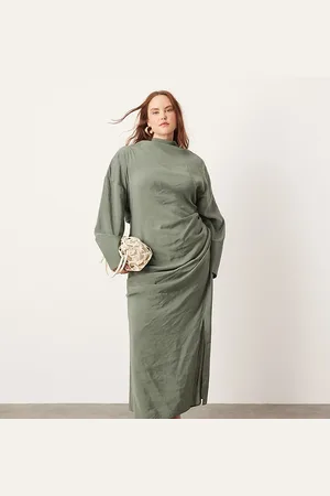 ASOS Curve - Blød og højhalset maxikjole i kakigrøn med rynkedetalje og udskæring bagpå