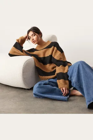 ASOS Oversized, strikket trøje med rund hals og kamelbrune og sorte striber-Multifarvet