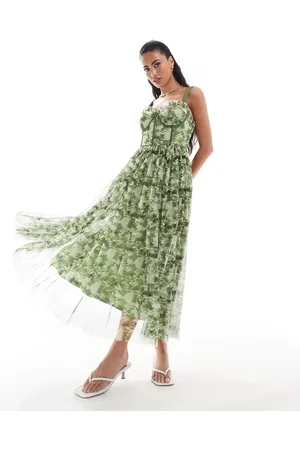 Lace & Beads Olivengrøn midikjole med korset og blomstermønster i tyl