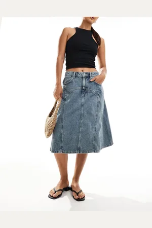 Cotton On Cotton On - Nederdel i midilængde med syningsdetaljer i blå denim