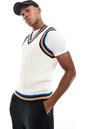 ASOS Kabelstrikket tanktop med V-hals og blå kantbånd i ecrufarve-Neutral