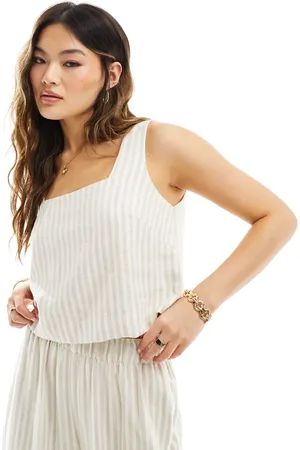 Abercrombie & Fitch Top i hørblanding med firkantet halsudskæring og beige og hvide striber - Del af sæt
