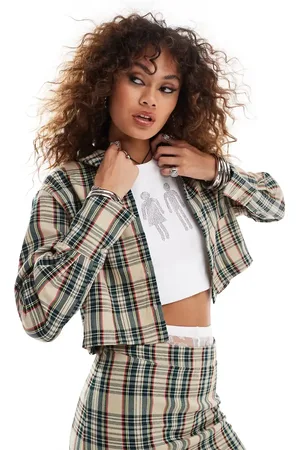 Something New Cropped ,oversized skjorte med tern i marineblå og beige - Del af sæt