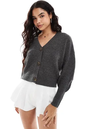 VERO MODA Asfaltgrå cardigan i chunky ribstrik med knapper