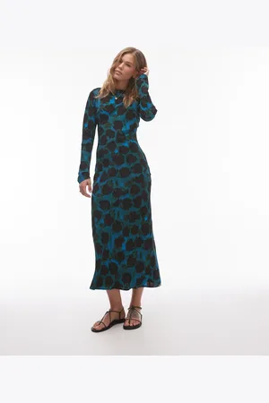 Topshop Langærmet maxikjole med smal halsudskæring og slørret blåt print
