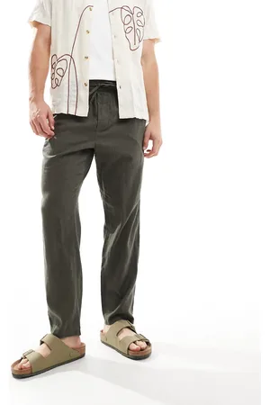 Only & Sons Mørke kakigrønne bukser i hørblanding med tapered fit