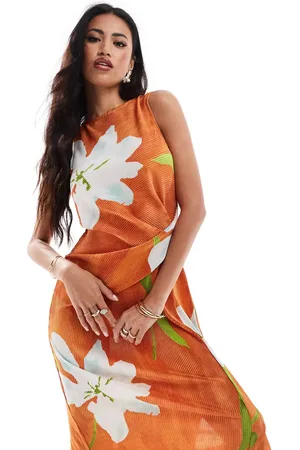 ASOS Orange midikjole med indsyet detalje og bred halsudskæring i blomstermønster