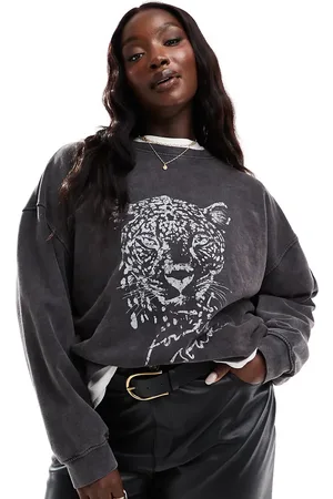 4th & Reckless Sort syrevasket T-sweatshirt med leopardmotiv