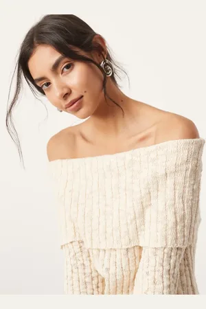 ASOS Strikket og lagdelt bardot-top med lange ærmer i cremehvid - Del af sæt