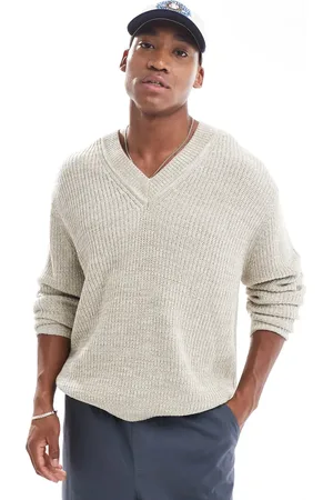 ASOS Oversized trøje med V-hals i havrefarvet patentstrik-Neutral