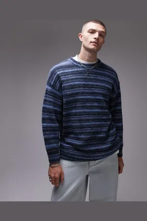 Topman Blå trøje med striber i vamset strik i afslappet pasform
