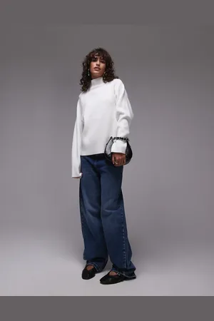 Topshop Ribstrikket trøje med ståkrave i cremehvid
