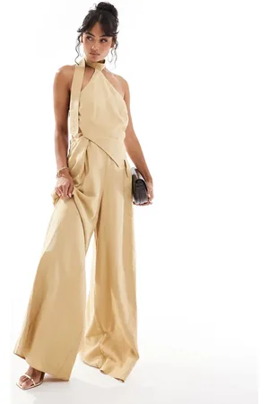ASOS Brunt jumpsuit med halterneck, bindedetalje og vide ben